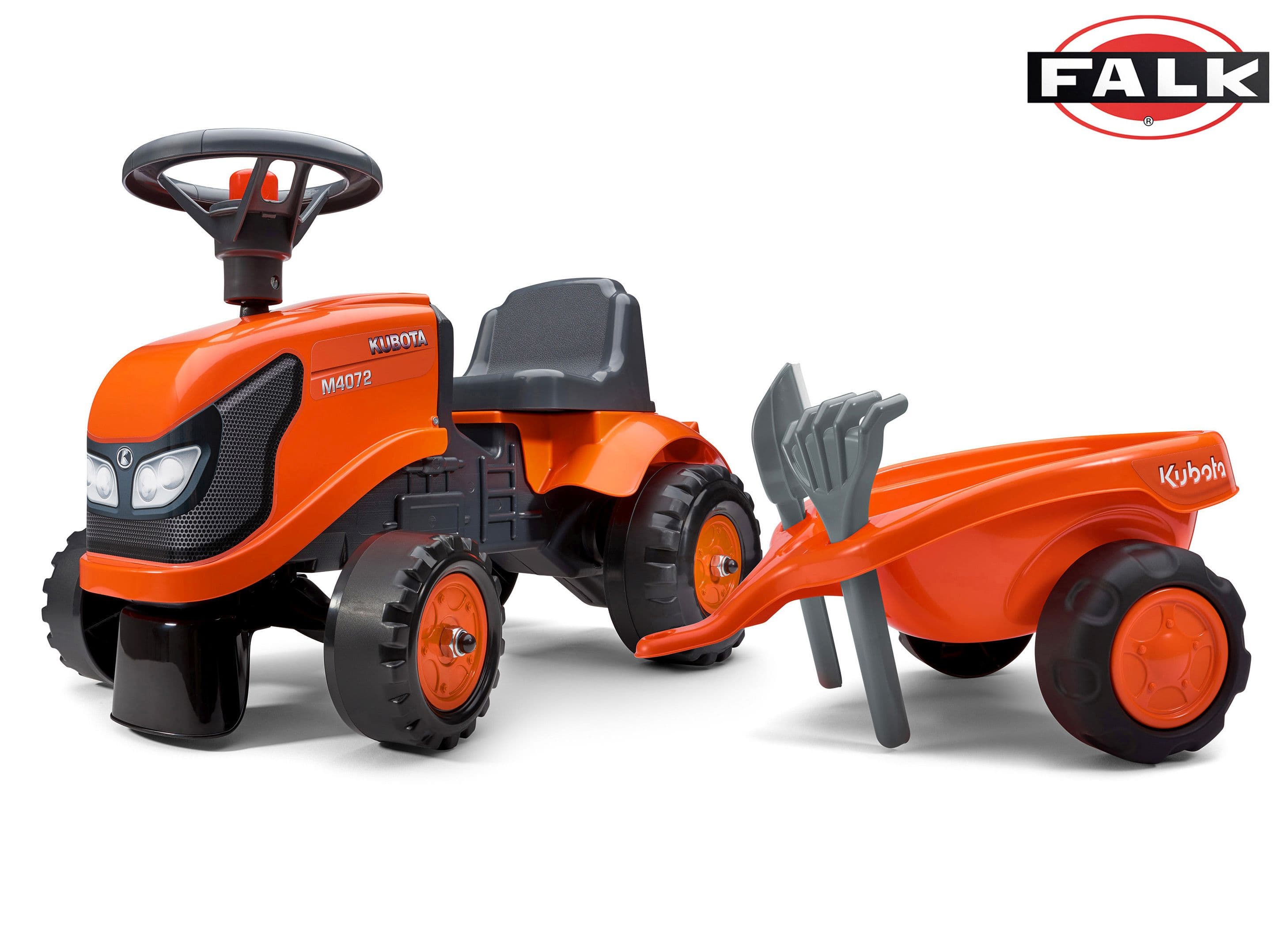 FALK 260C Baby Kubota ride-on traktor s přívěsem, hrable a lopata