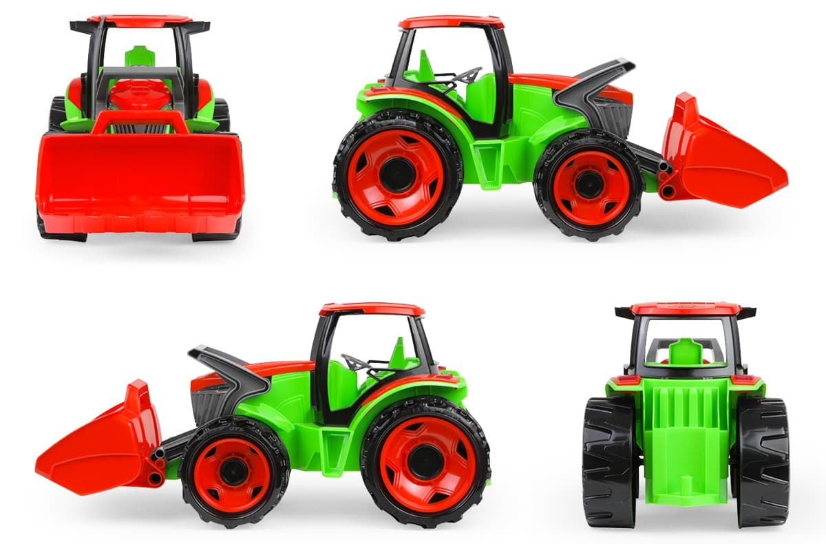 Traktor se lžící a s vozíkem, červeno zelený