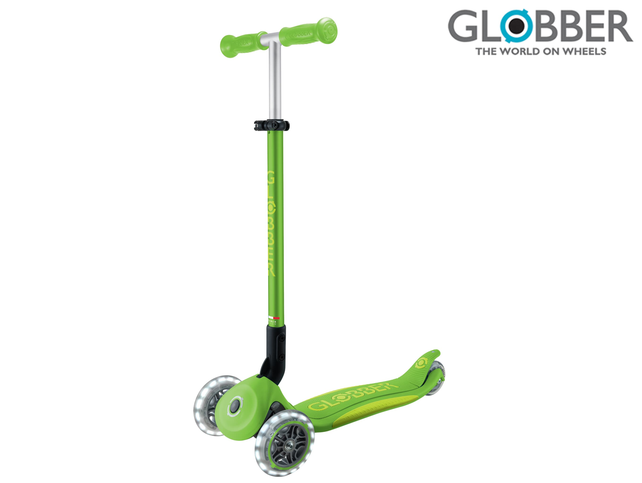 Globber Koloběžka dětská trojkolečková Plus - Primo Foldable Plus Lights V2 Apple Green svítící kole
