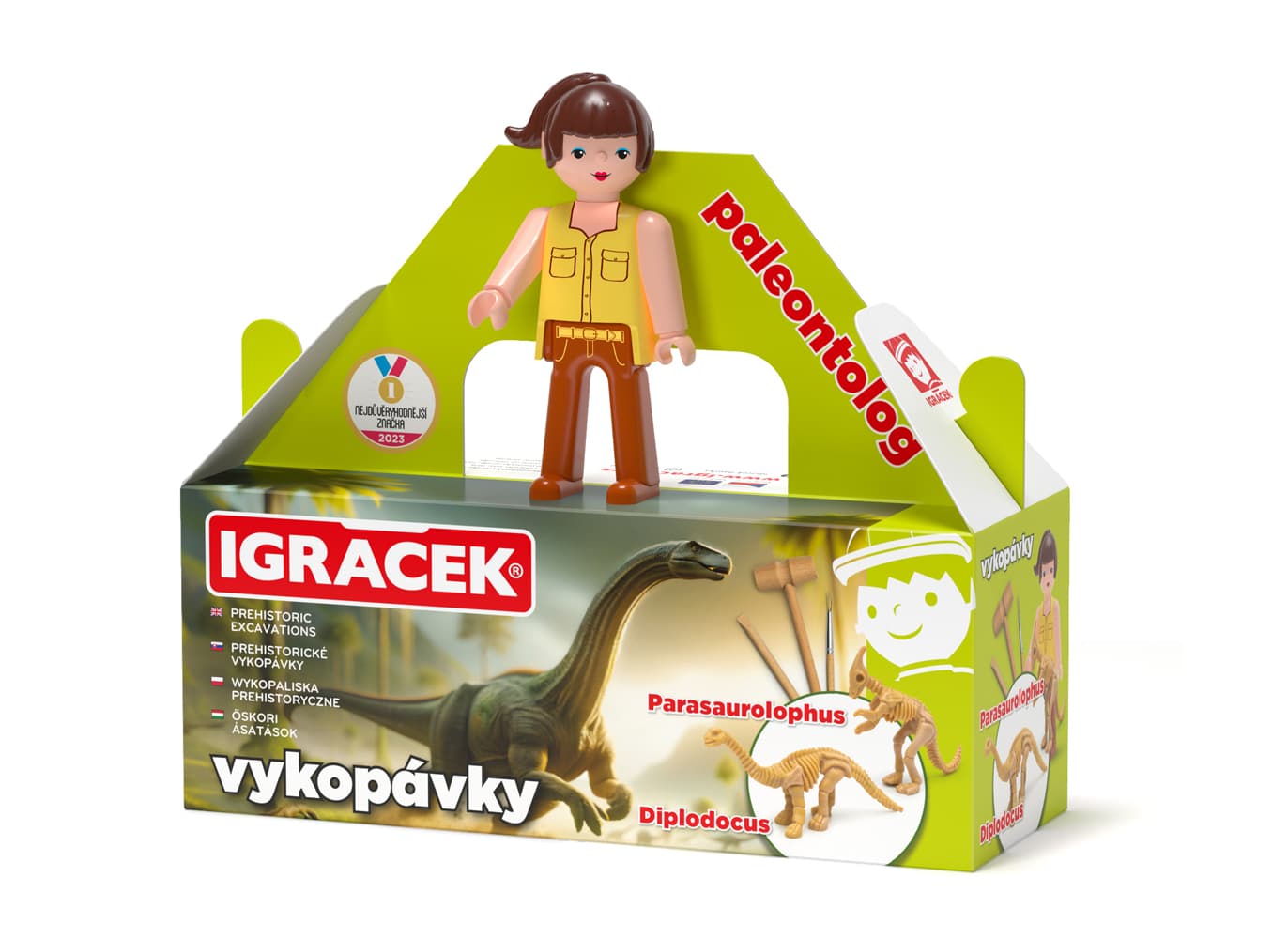 Igráček Paleontoložka – figurka s vykopávkami dinosaurů Parasaurolopha a Diplodoca