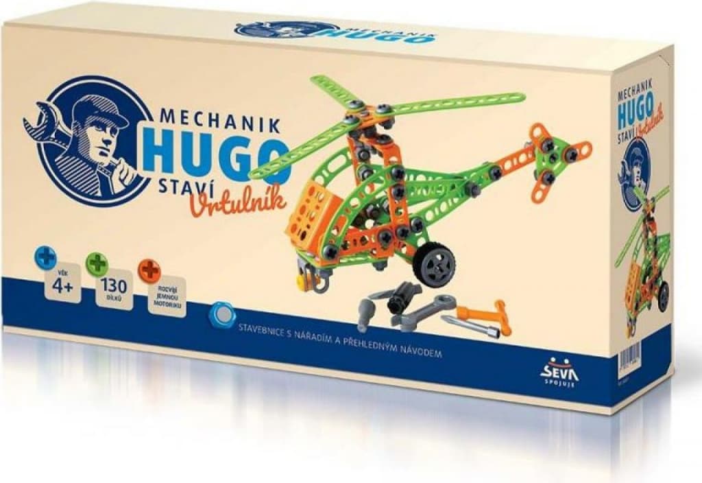 Stavebnice HUGO Vrtulník s nářadím 130ks plast v krabici 31x16x7cm